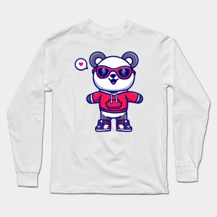 Cute Panda Wearing Hoodie And Glasses Cartoon Long Sleeve T-Shirt